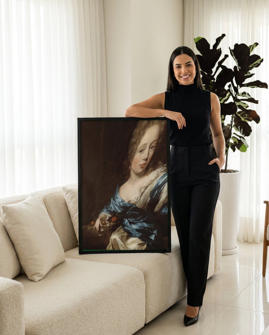 Quadro Decorativo Retrato Feminino com Laranjas - Nicolaes Maes com modelo em ambiente