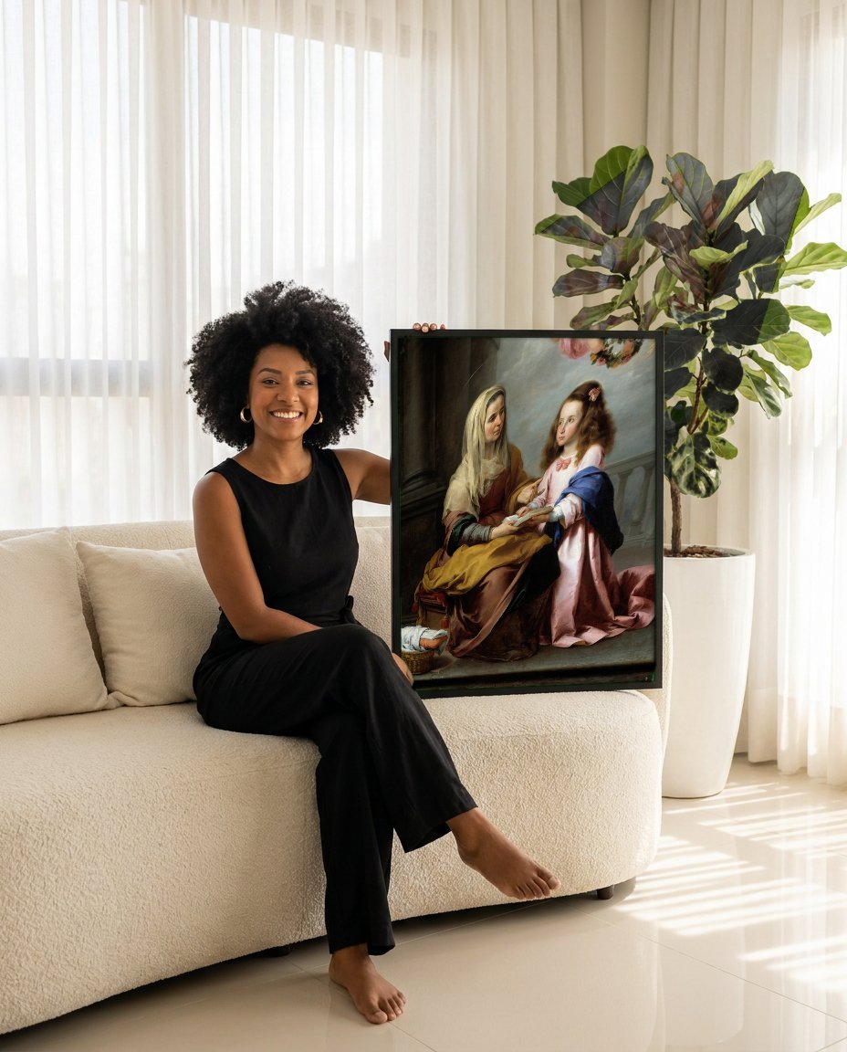 Quadro Decorativo A Educacao da Virgem - Murillo com modelo em ambiente