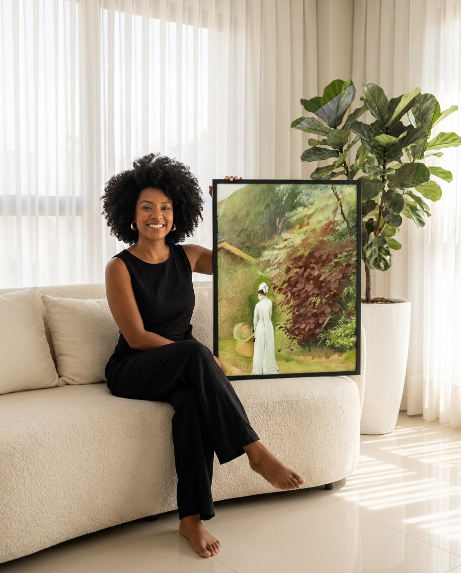 Quadro Decorativo Mãe e Bebê no Jardim - Olga Wisinger-Florian com modelo em ambiente