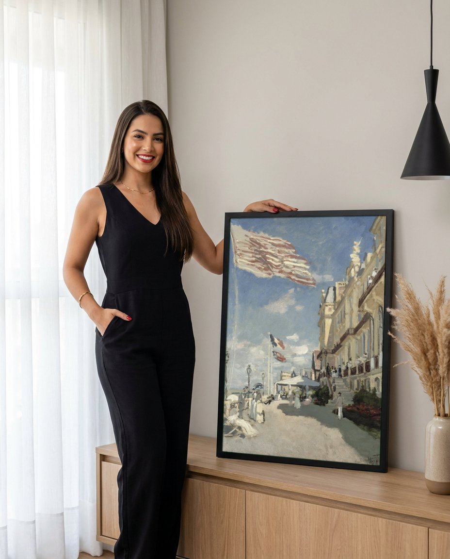 Quadro Decorativo A Rua Montorgueil em Paris - Claude Monet com modelo em ambiente
