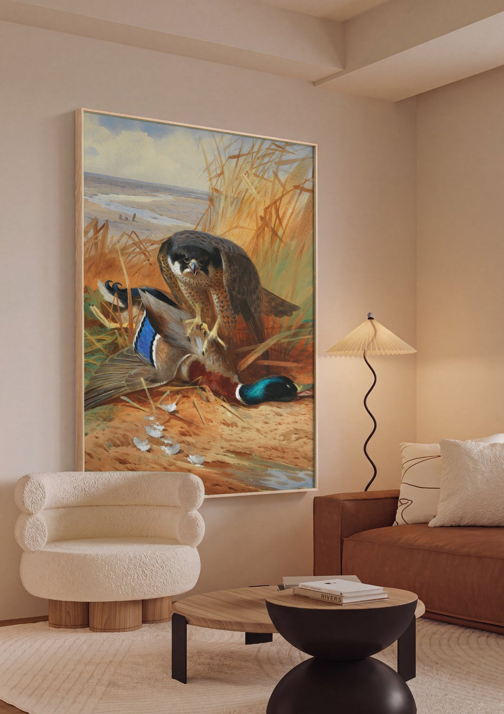 Quadro Decorativo Falcão-peregrino com Pato - Thorburn em ambiente decorado