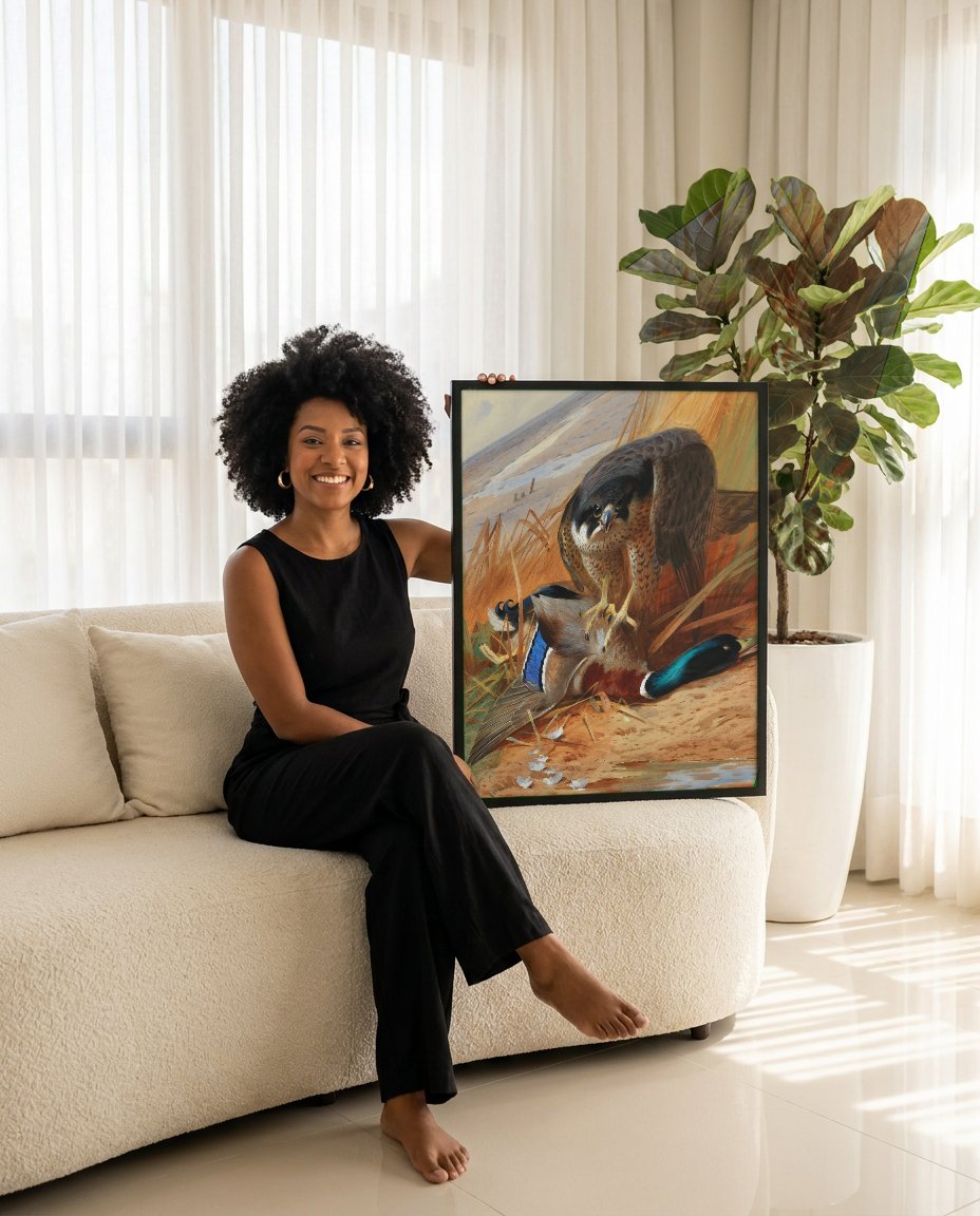 Quadro Decorativo Falcão-peregrino com Pato - Thorburn com modelo em ambiente