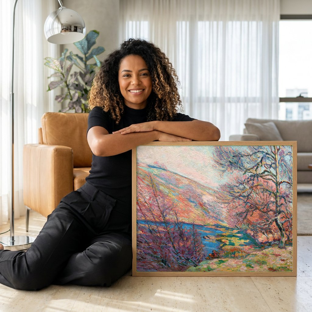 Quadro Decorativo Paisagem Outonal com Rio - Armand Guillaumin com modelo em ambiente