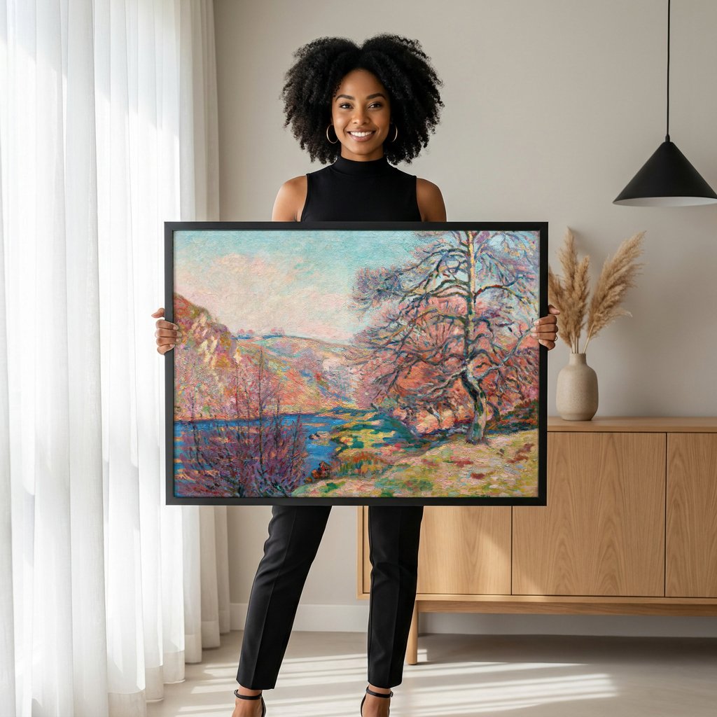 Quadro Decorativo Paisagem Outonal com Rio - Armand Guillaumin com modelo em ambiente