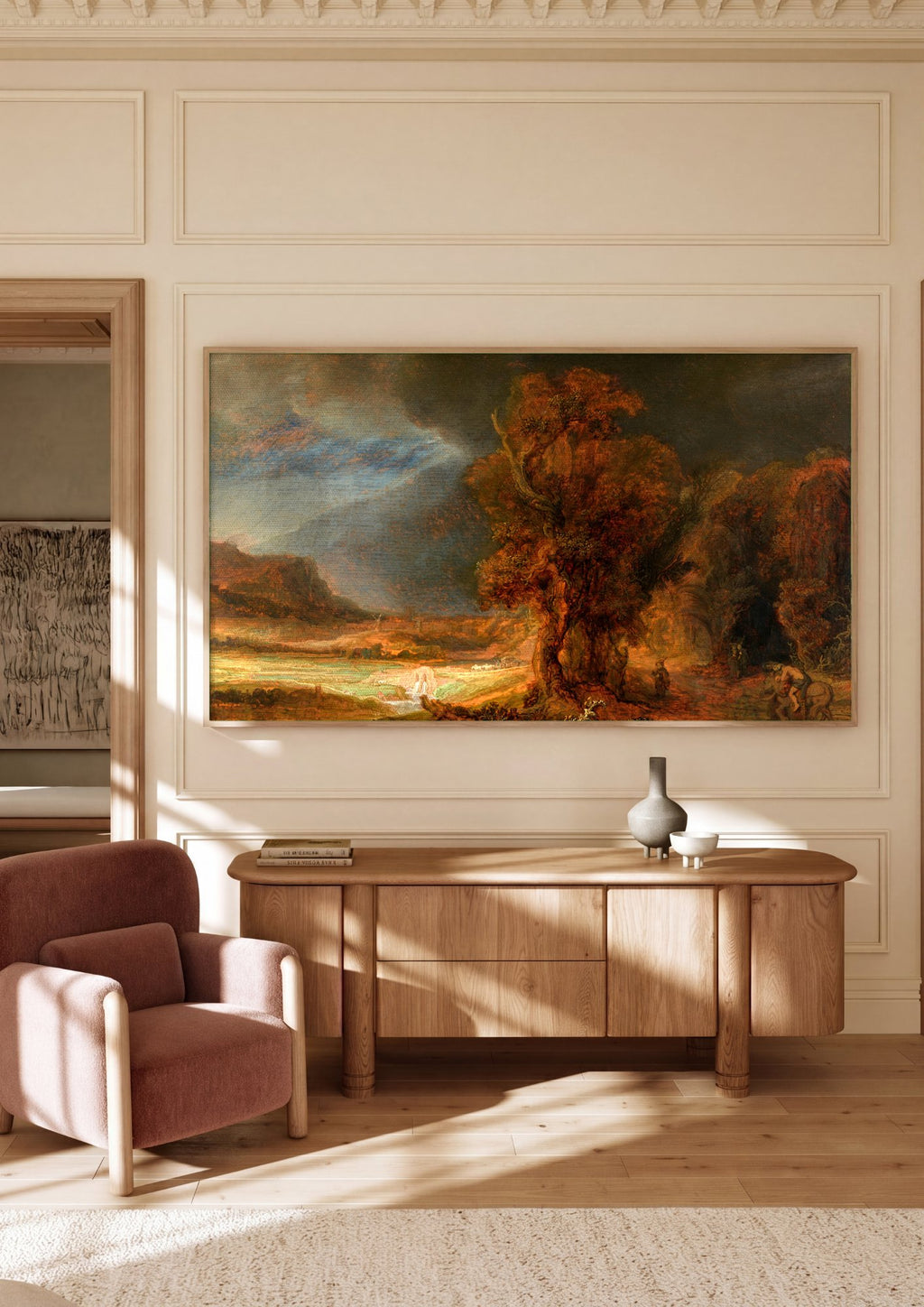 Quadro Decorativo A Paisagem com o Bom Samaritano - Rembrandt em ambiente decorado