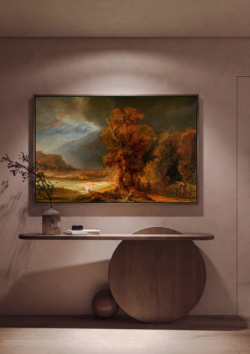 Quadro Decorativo A Paisagem com o Bom Samaritano - Rembrandt em ambiente decorado