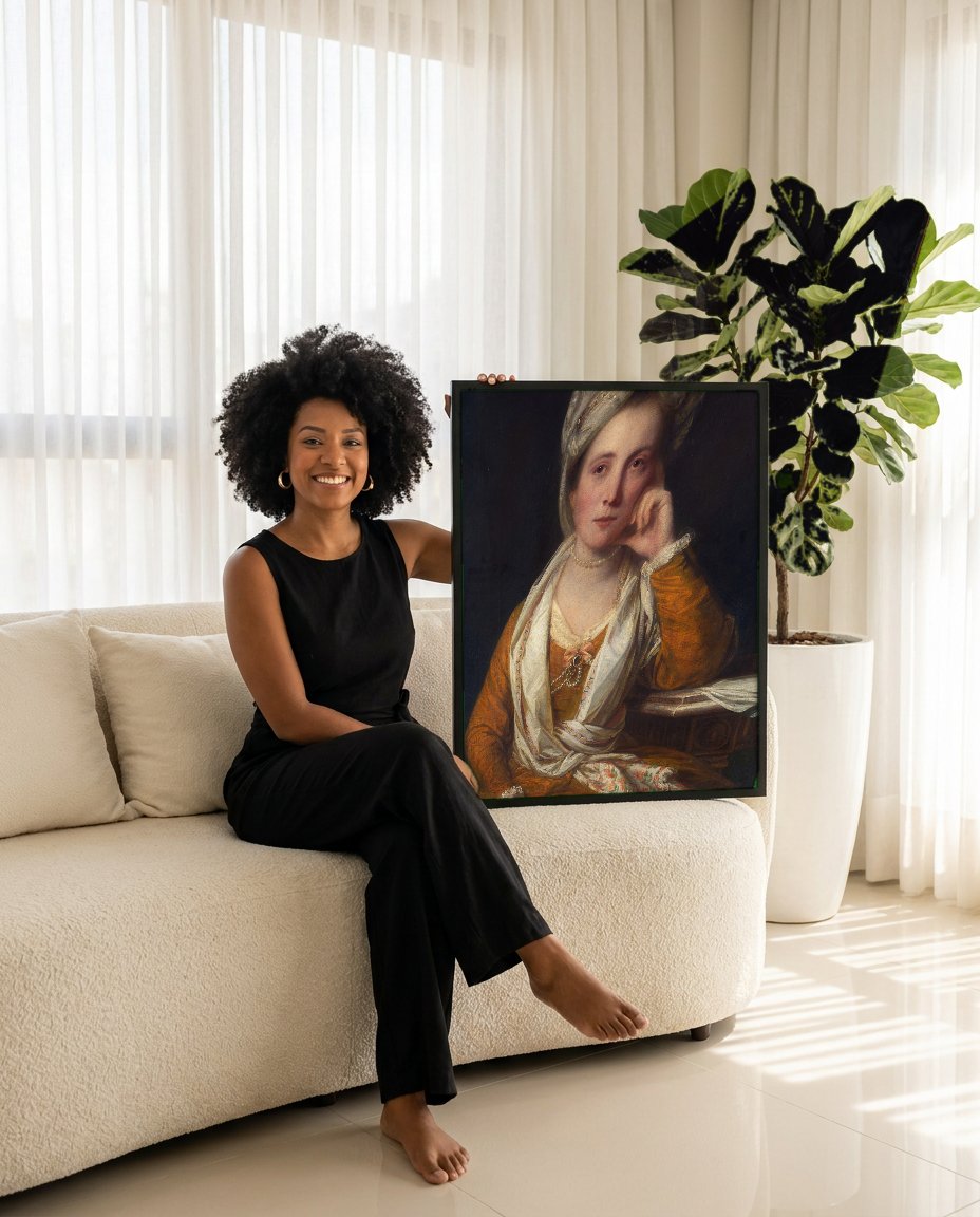 Quadro Decorativo Retrato Feminino com Turbante - Reynolds com modelo em ambiente