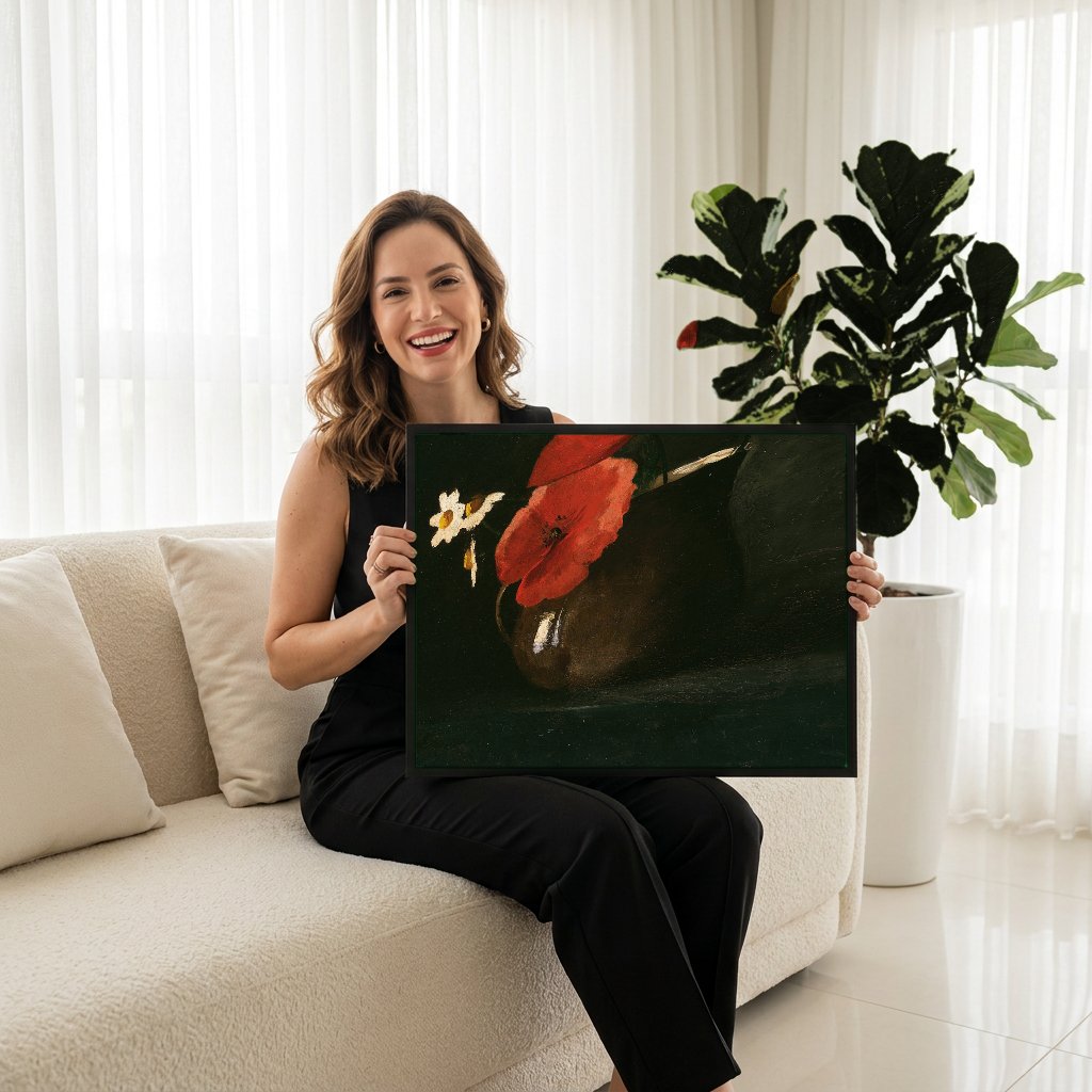 Quadro Decorativo Flores e Papoulas em Vaso - Odilon Redon com modelo em ambiente