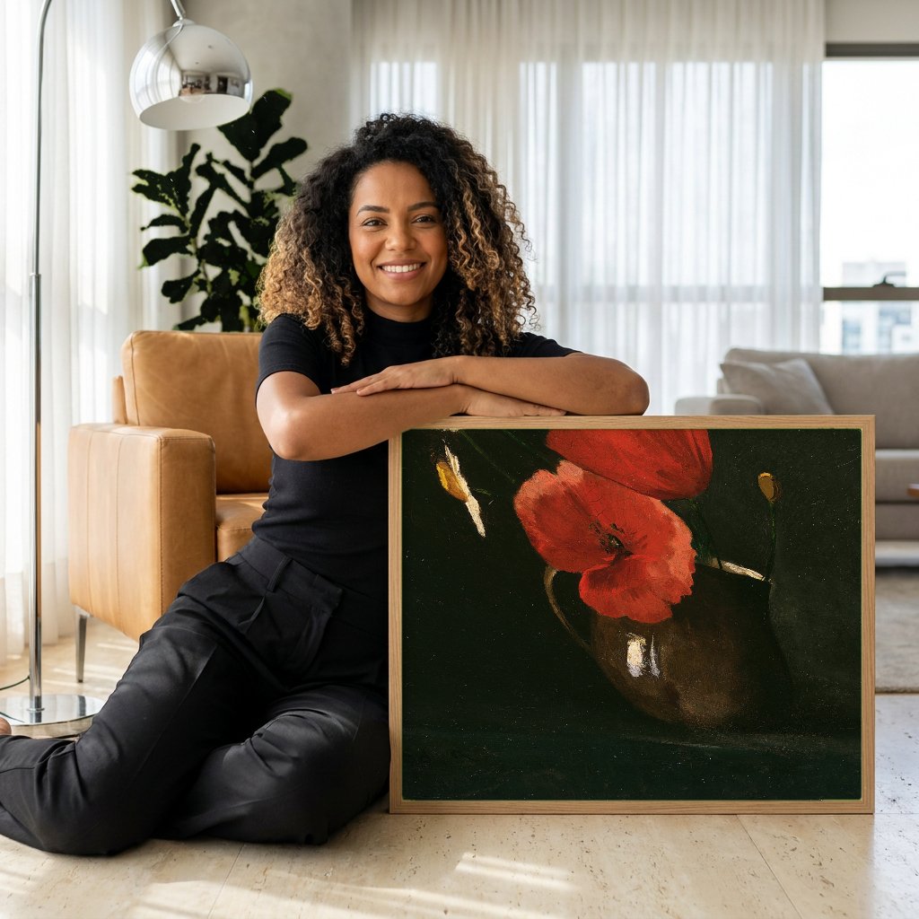 Quadro Decorativo Flores e Papoulas em Vaso - Odilon Redon com modelo em ambiente