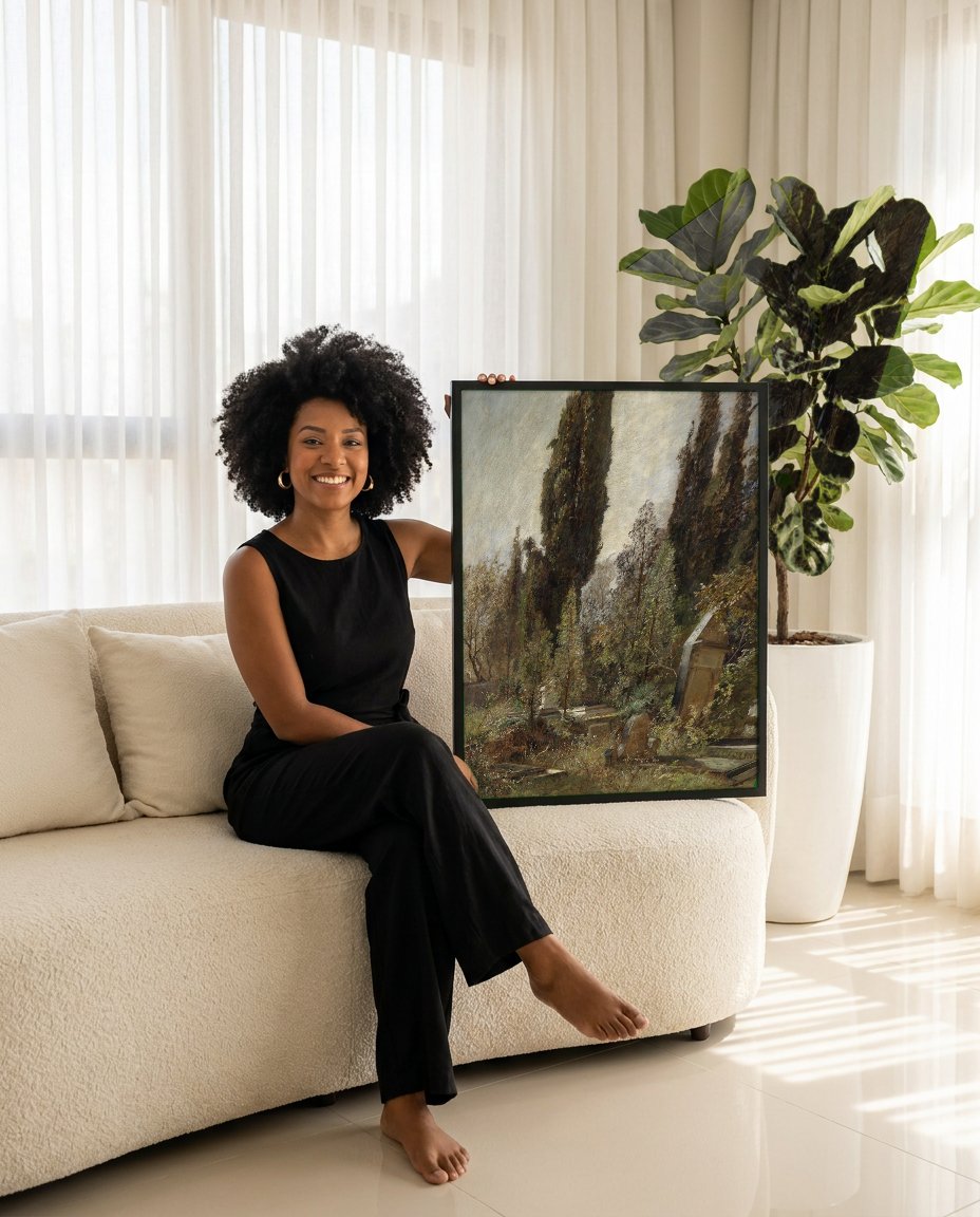 Quadro Decorativo 'Cemitério no Jardim' - Marie Egner com modelo em ambiente