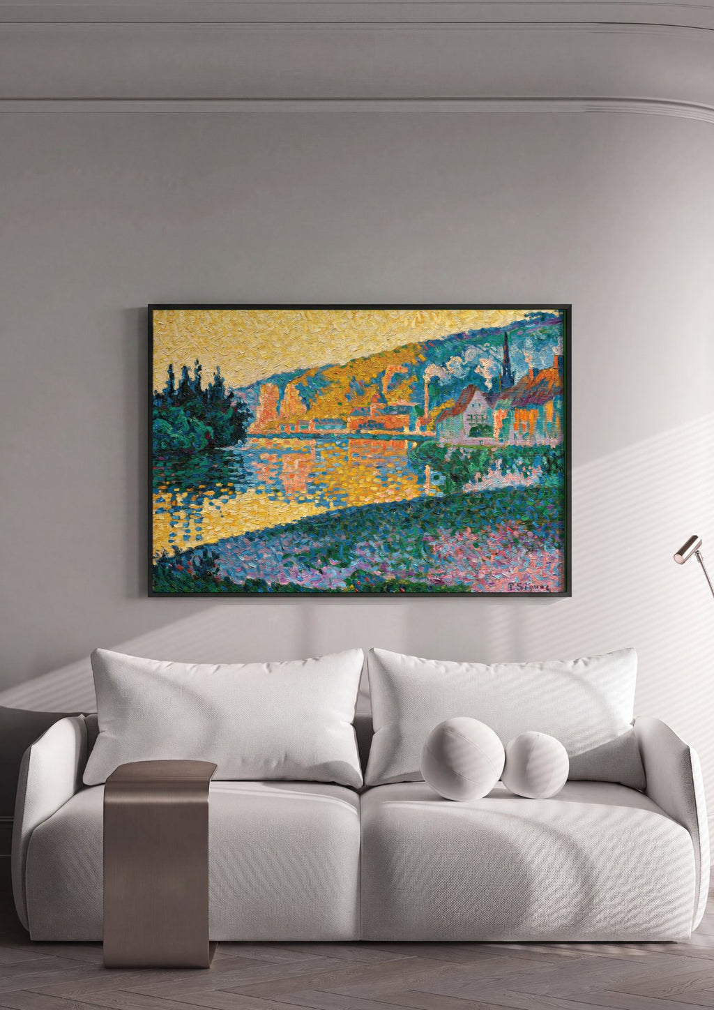 Quadro Decorativo Rio e Casas à Beira-mar - Paul Signac em ambiente decorado