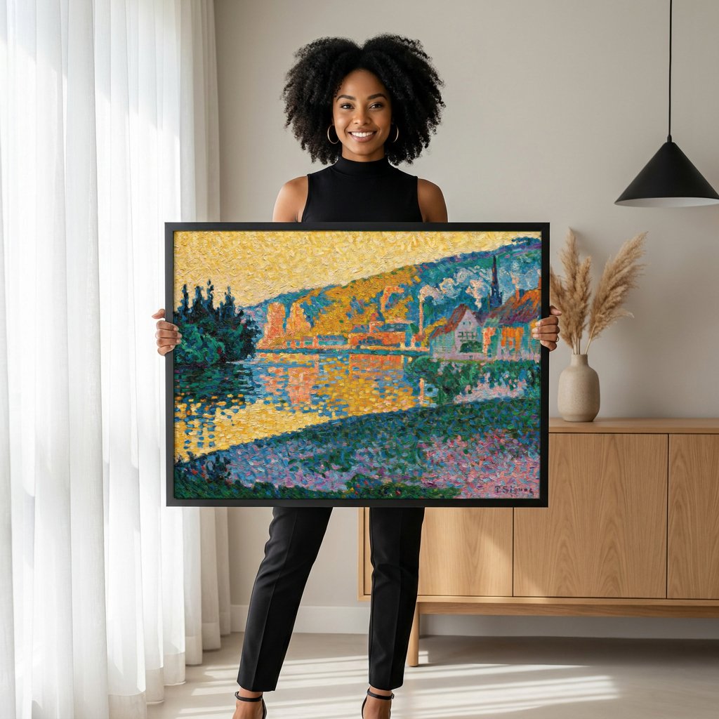 Quadro Decorativo Rio e Casas à Beira-mar - Paul Signac com modelo em ambiente