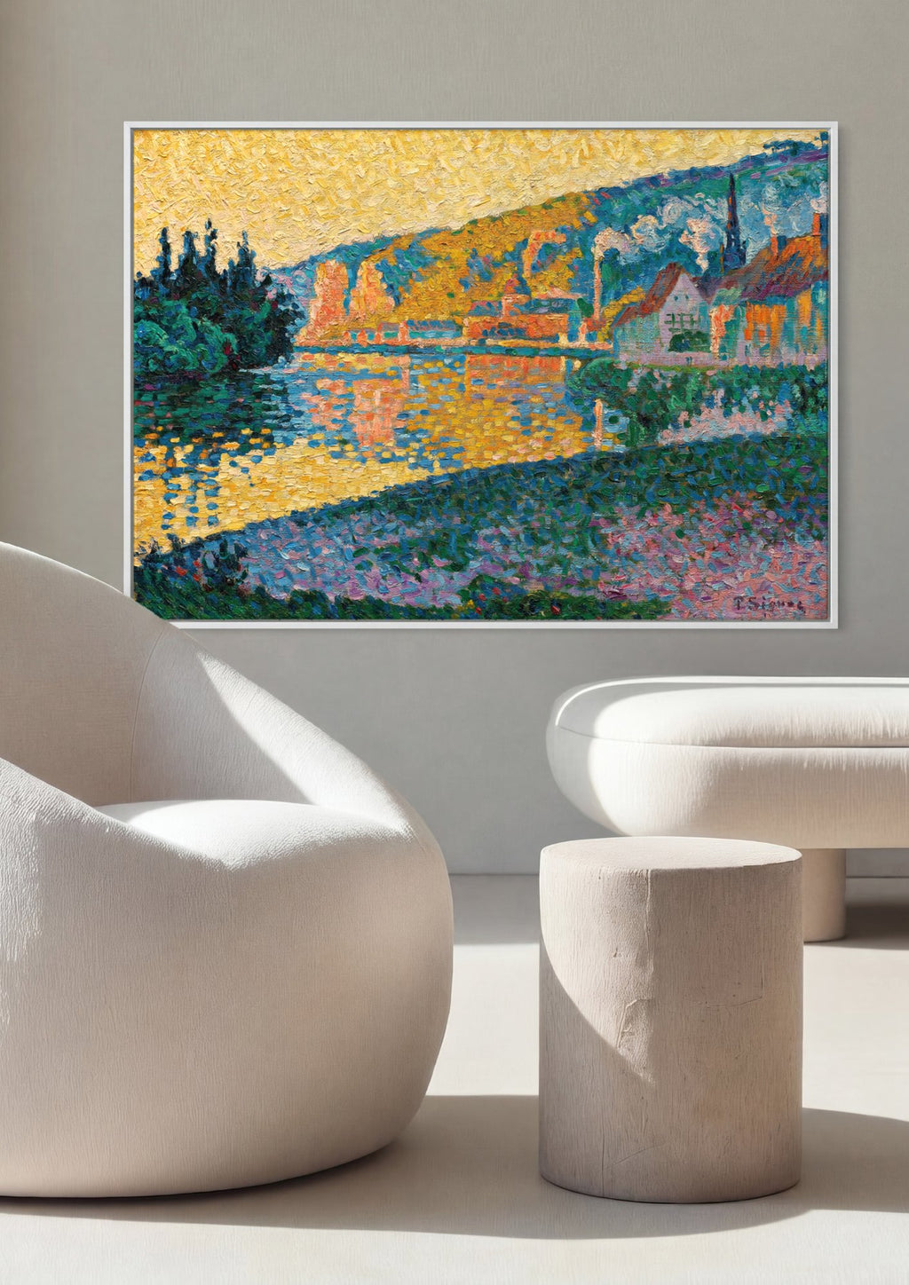 Quadro Decorativo Rio e Casas à Beira-mar - Paul Signac em ambiente decorado