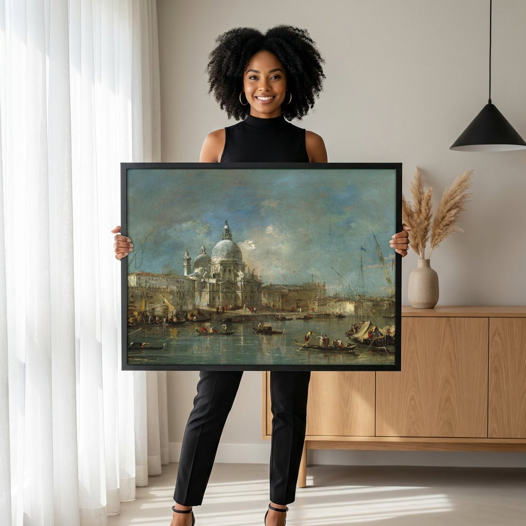 Quadro Decorativo A Basílica de Santa Maria della Salute - Guardi com modelo em ambiente