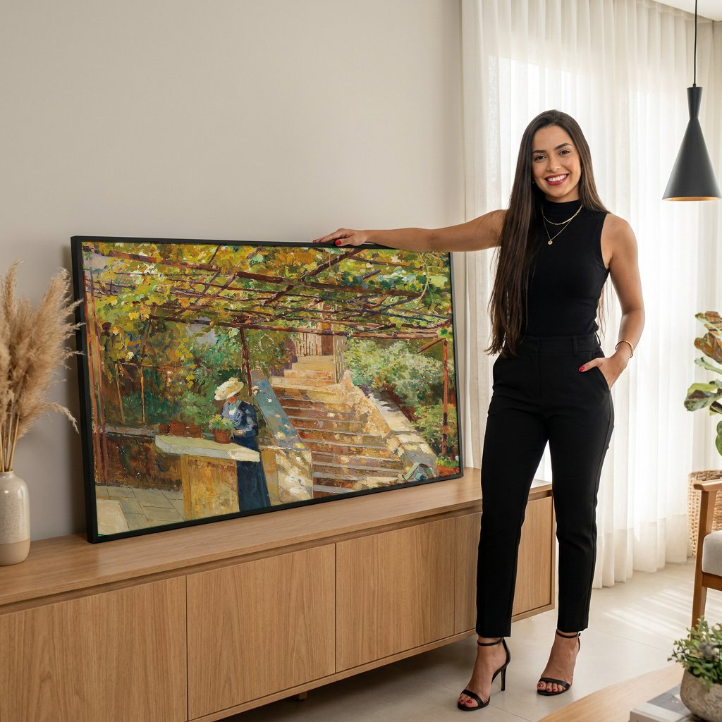 Quadro Decorativo Jardins com Pérgola - Marie Egner com modelo em ambiente