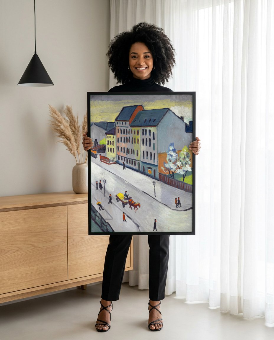 Quadro Decorativo Cena Urbana - August Macke com modelo em ambiente