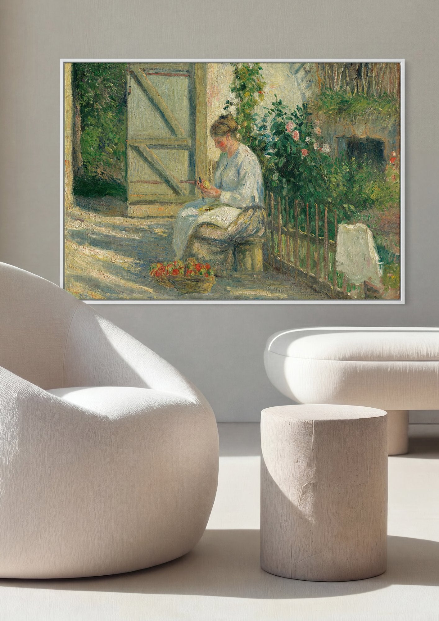 Quadro Decorativo Mulher Descascando Maçãs - Camille Pissarro em ambiente decorado