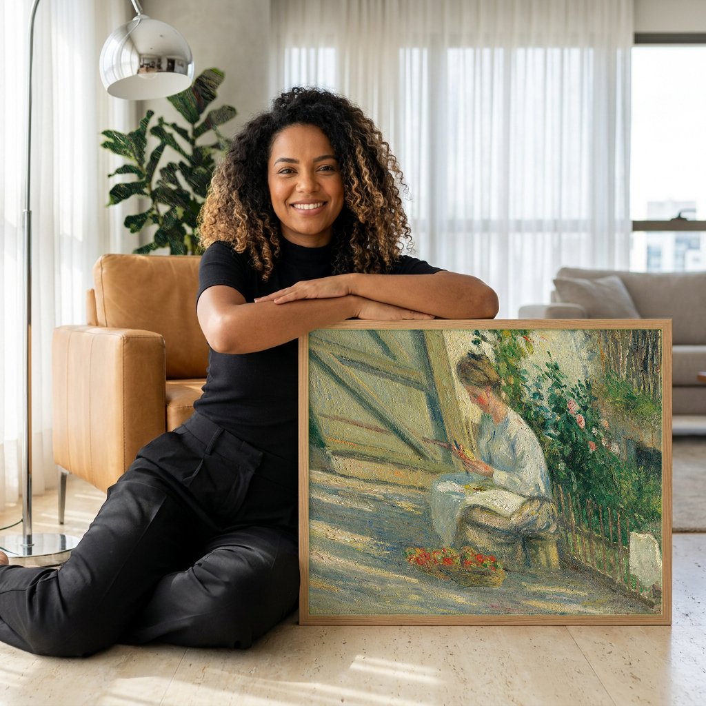 Quadro Decorativo Mulher Descascando Maçãs - Camille Pissarro com modelo em ambiente