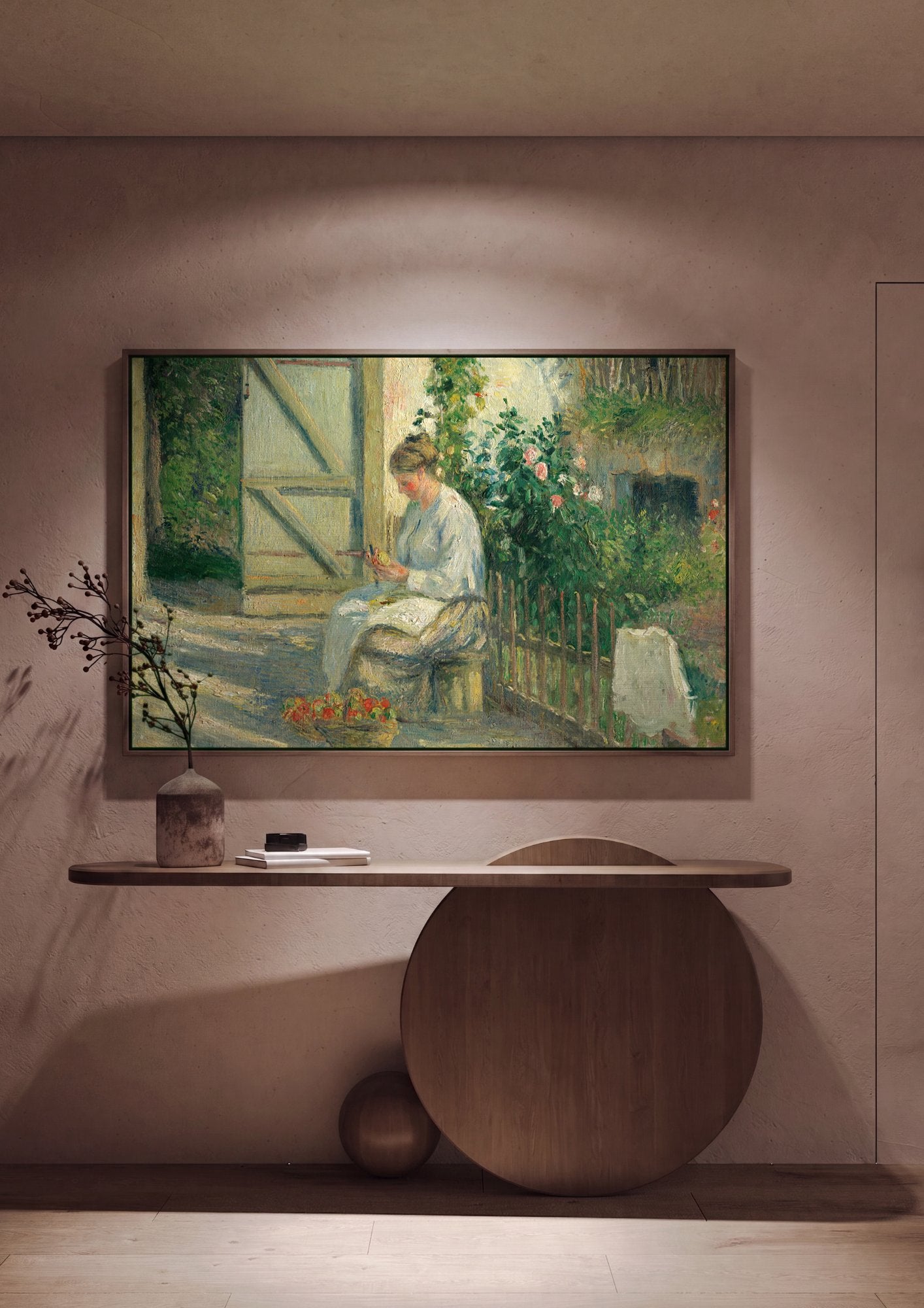 Quadro Decorativo Mulher Descascando Maçãs - Camille Pissarro em ambiente decorado