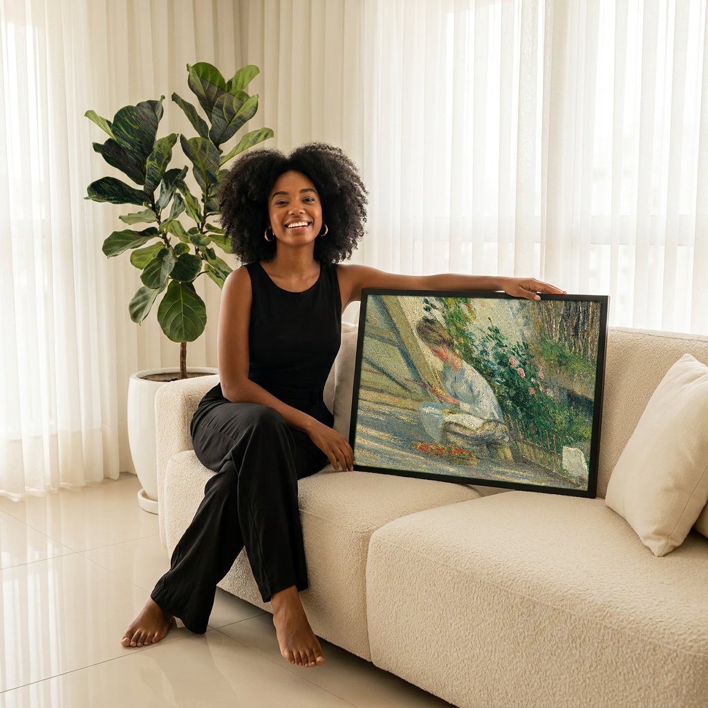 Quadro Decorativo Mulher Descascando Maçãs - Camille Pissarro com modelo em ambiente