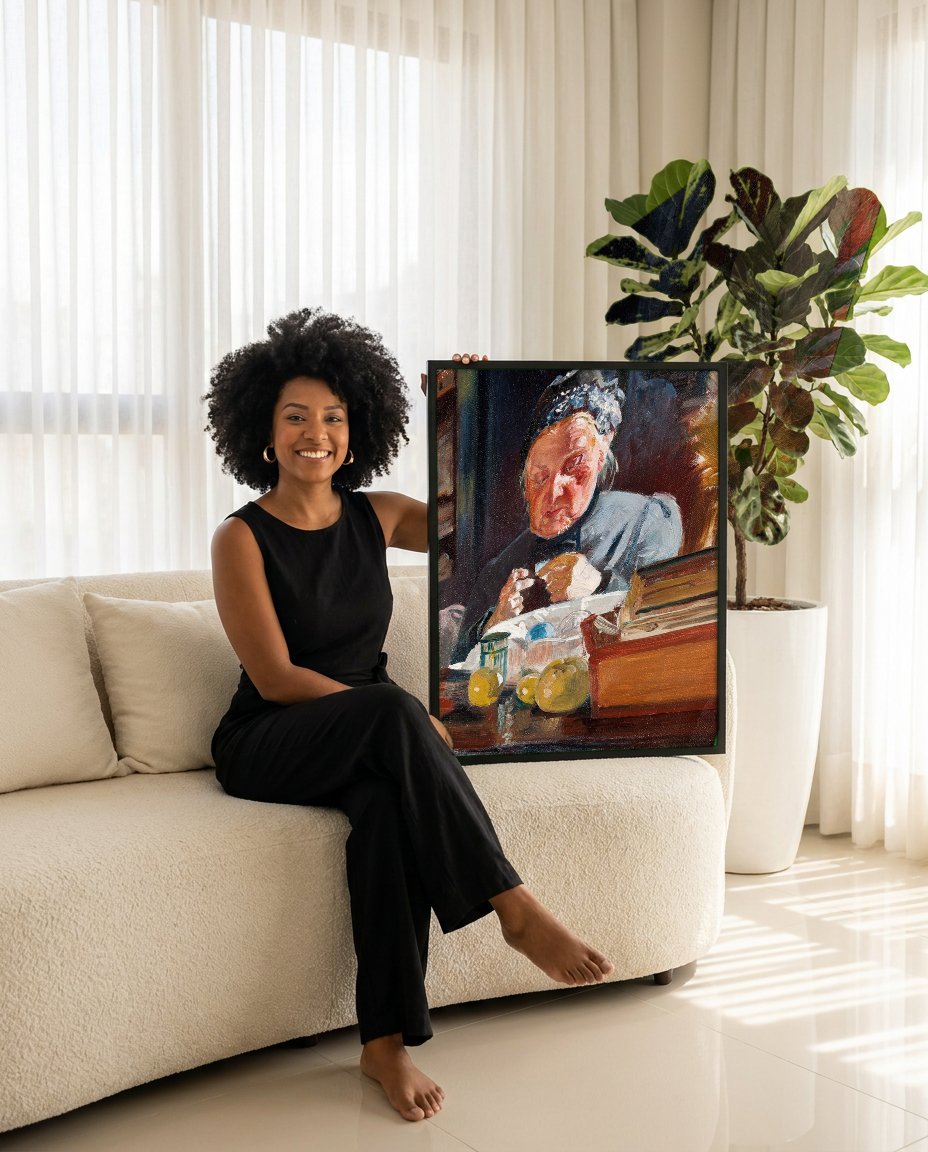Quadro Decorativo A Tricoteira - Jacek Malczewski com modelo em ambiente