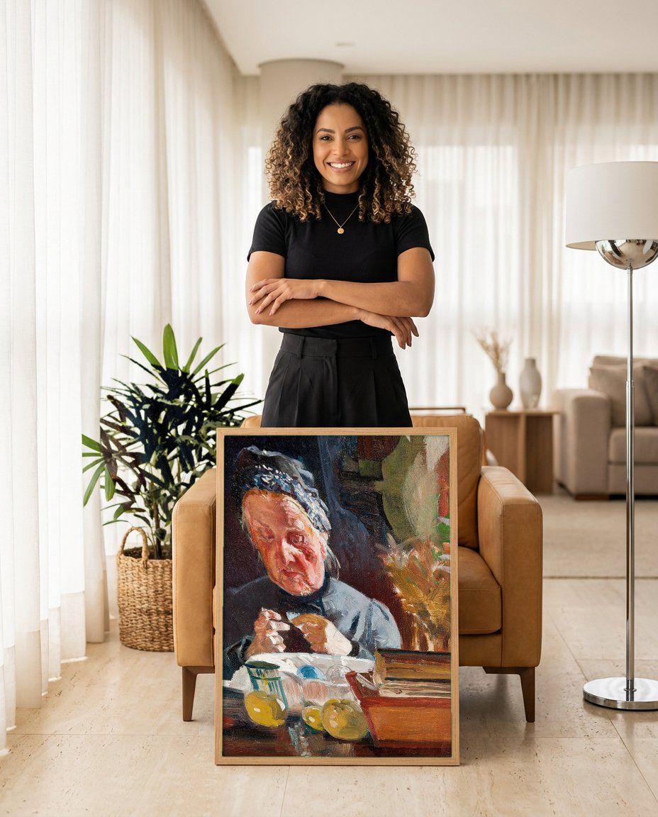 Quadro Decorativo A Tricoteira - Jacek Malczewski com modelo em ambiente