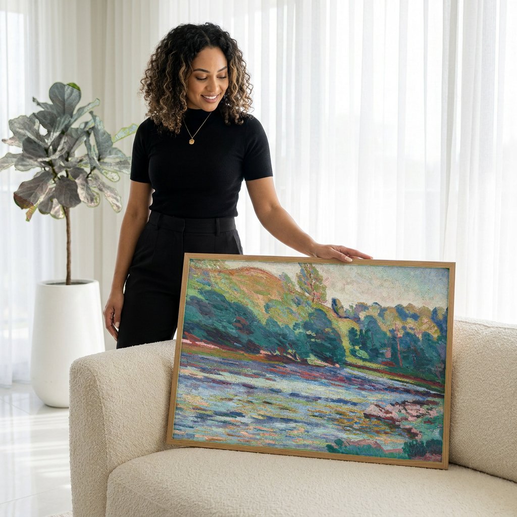 Quadro Decorativo Paisagem com Rio - Armand Guillaumin com modelo em ambiente