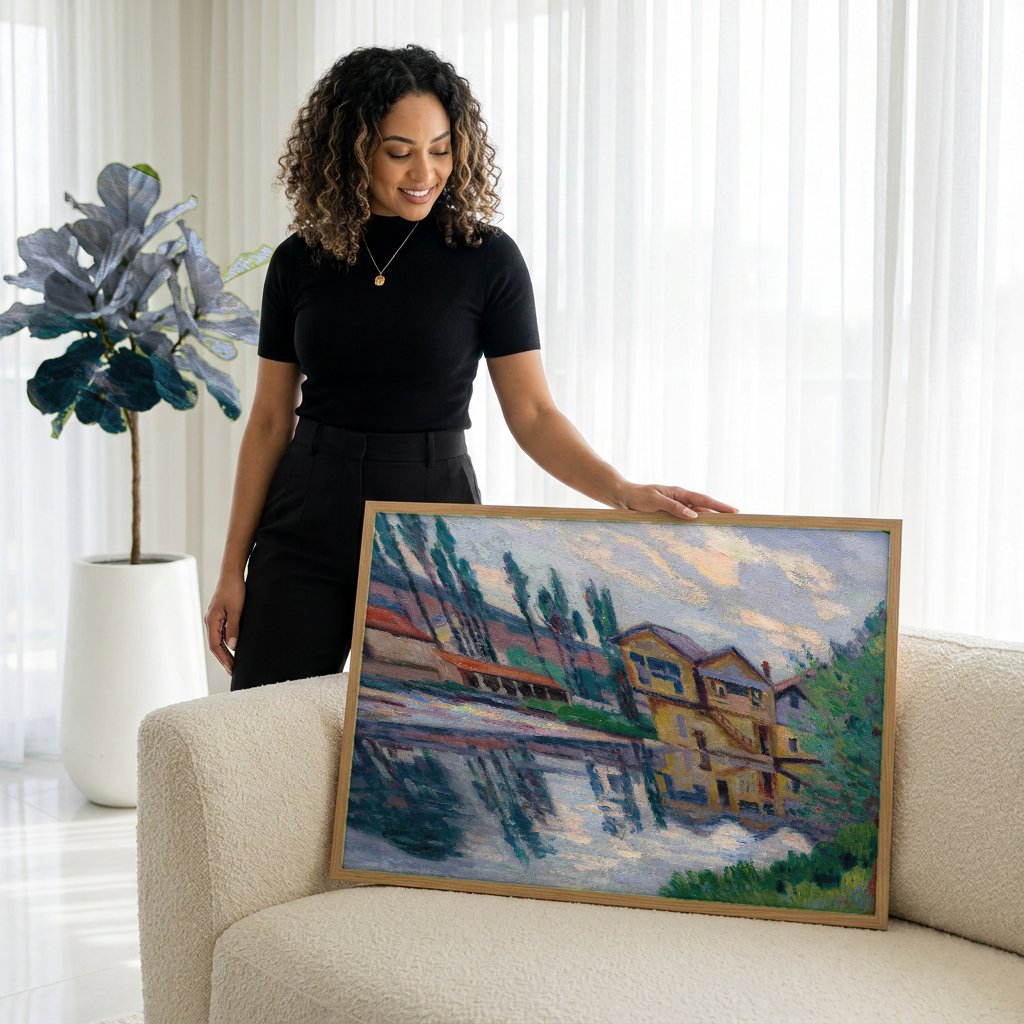 Quadro Decorativo Paisagem Fluvial - Armand Guillaumin com modelo em ambiente