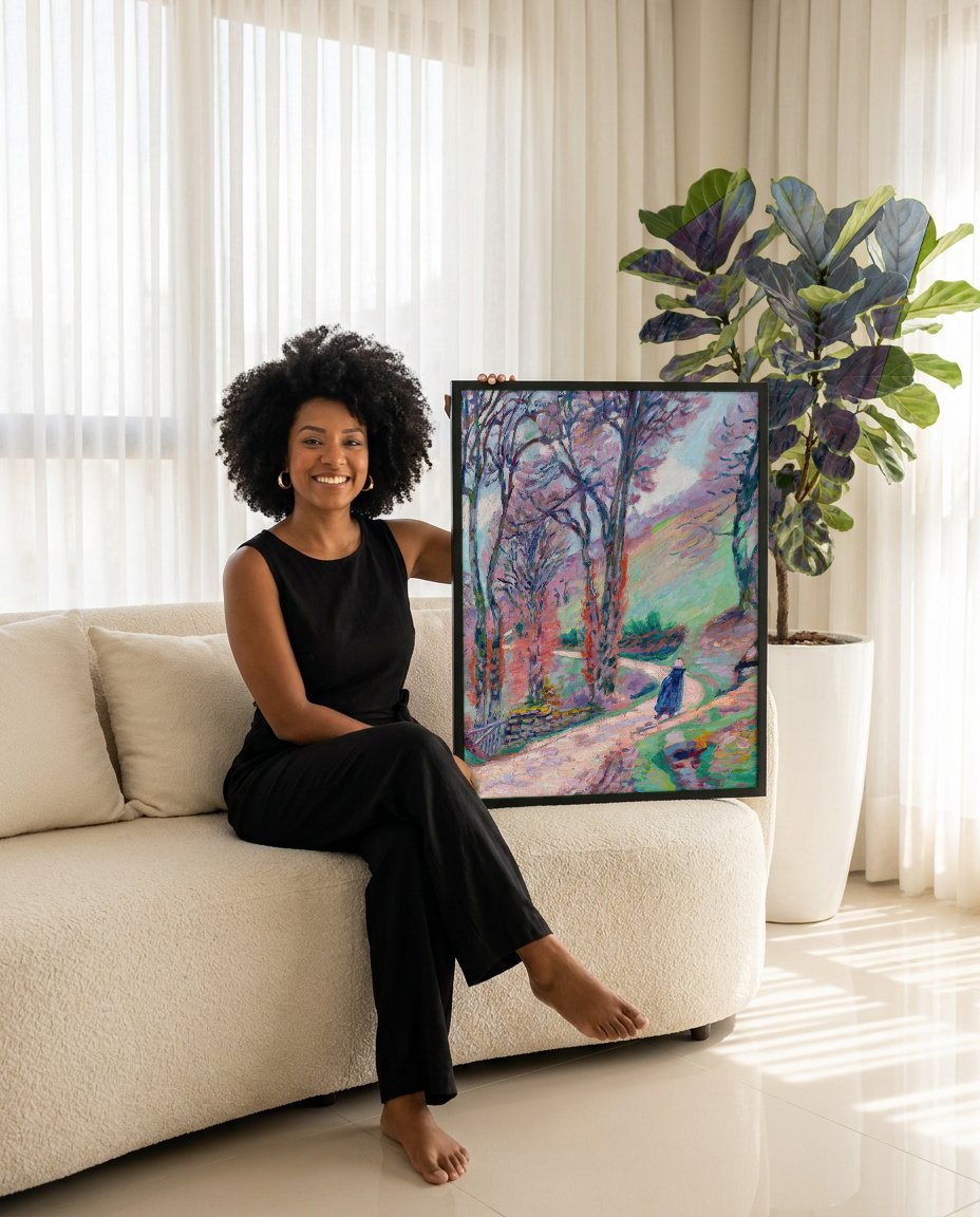 Quadro Decorativo Paisagem Outonal - Armand Guillaumin com modelo em ambiente
