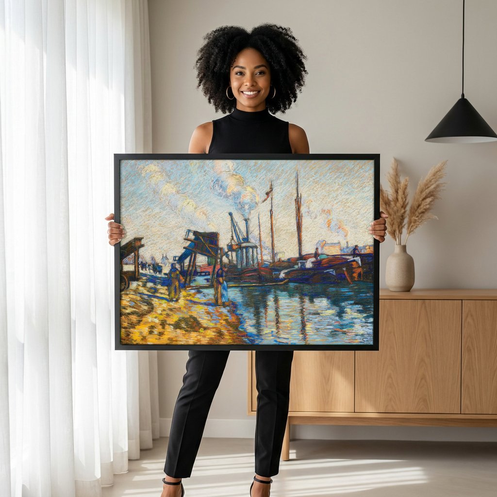 Quadro Decorativo Porto com Barcos - Armand Guillaumin com modelo em ambiente