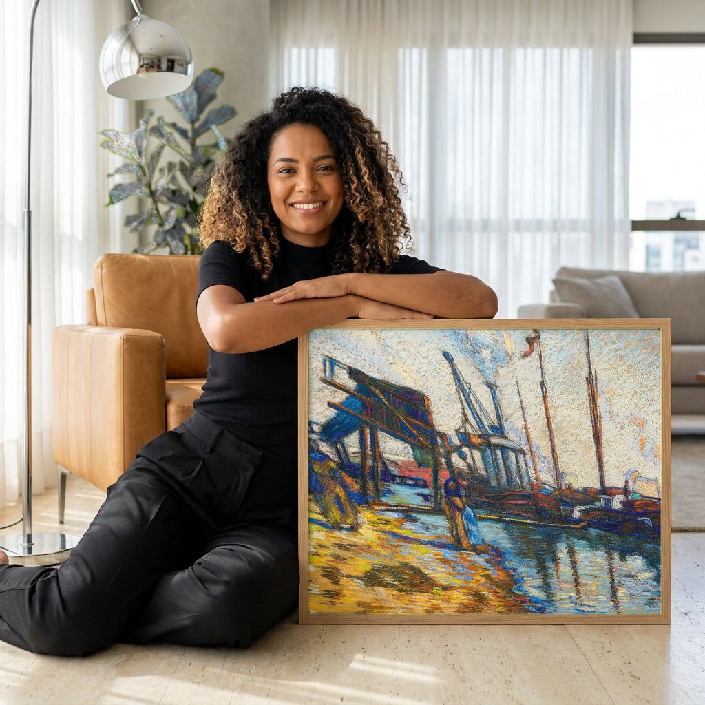 Quadro Decorativo Porto com Barcos - Armand Guillaumin com modelo em ambiente