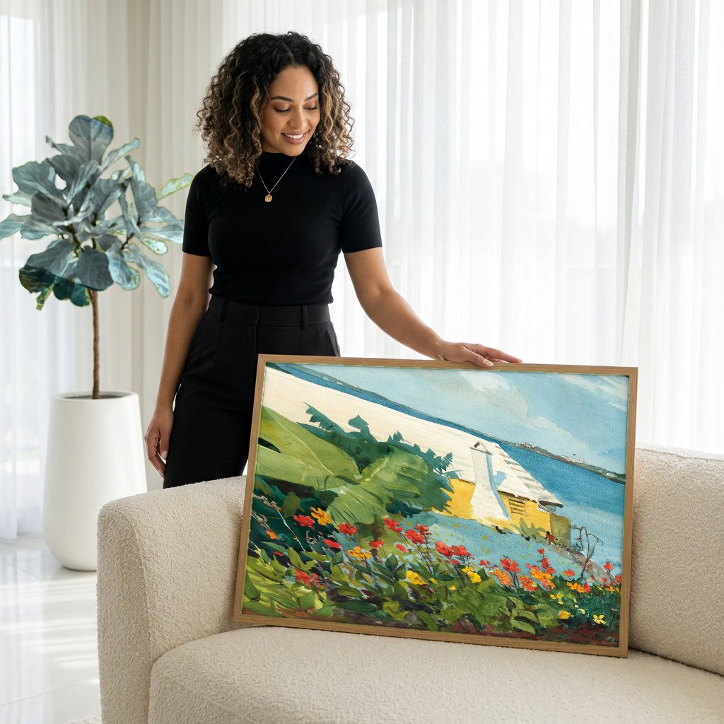 Quadro Decorativo Campo de Flores e Mar - Winslow Homer com modelo em ambiente