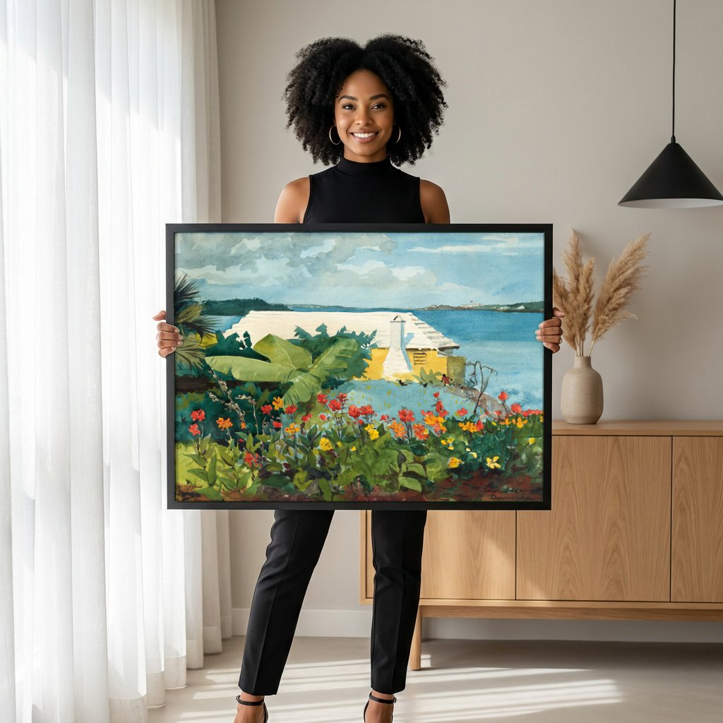 Quadro Decorativo Campo de Flores e Mar - Winslow Homer com modelo em ambiente