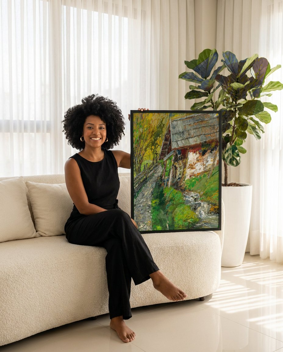Quadro Decorativo Moinho na Montanha - Marie Egner com modelo em ambiente