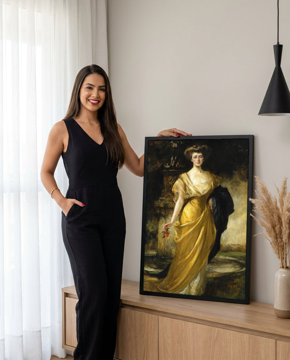 Quadro Decorativo A Dama do Vestido Amarelo - James Jebusa Shannon com modelo em ambiente