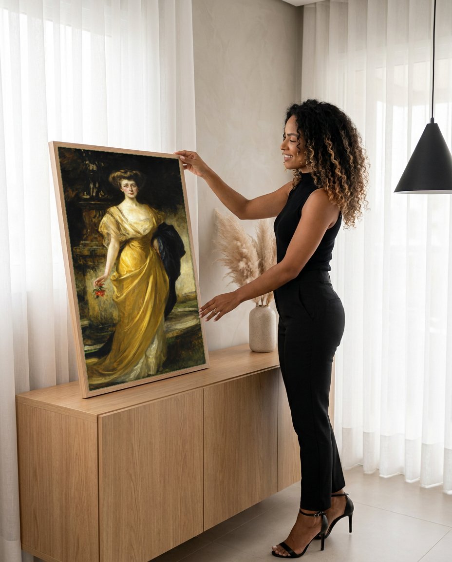Quadro Decorativo A Dama do Vestido Amarelo - James Jebusa Shannon com modelo em ambiente