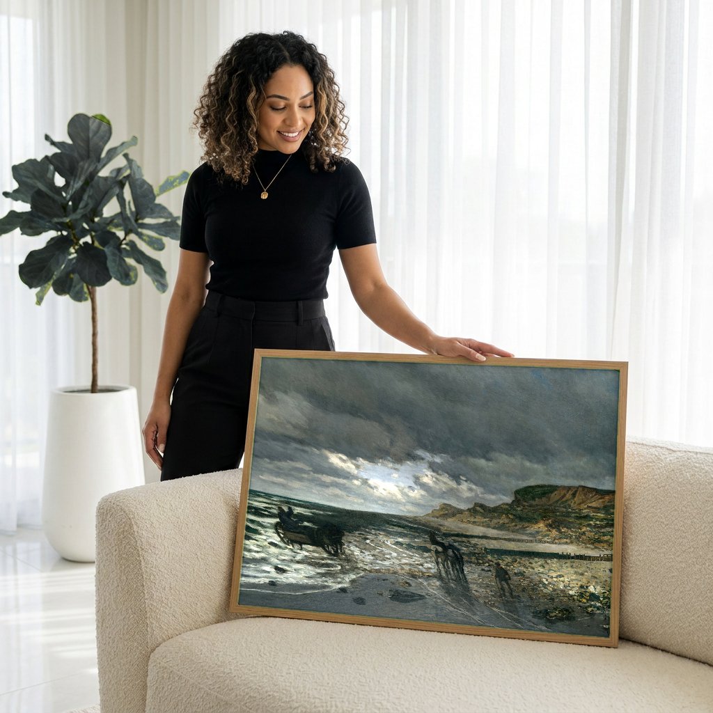 Quadro Decorativo Praia de Pourville, maré baixa - Claude Monet com modelo em ambiente