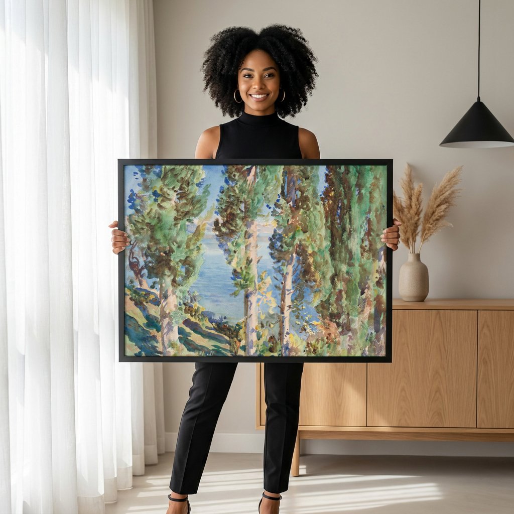 Quadro Decorativo Ciprestes à Beira-Mar - John Singer Sargent com modelo em ambiente