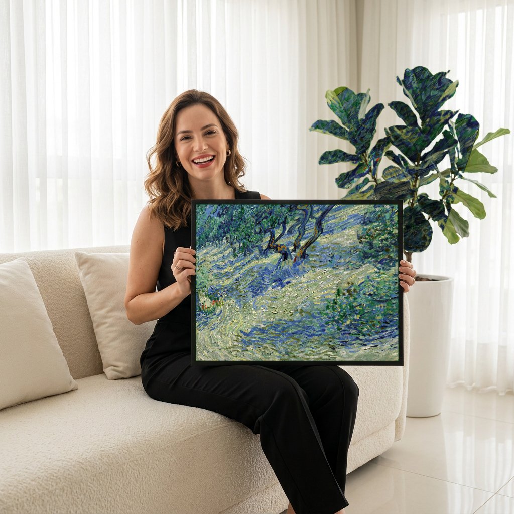 Quadro Decorativo Oliveiras com Ceu Amarelo - Van Gogh com modelo em ambiente