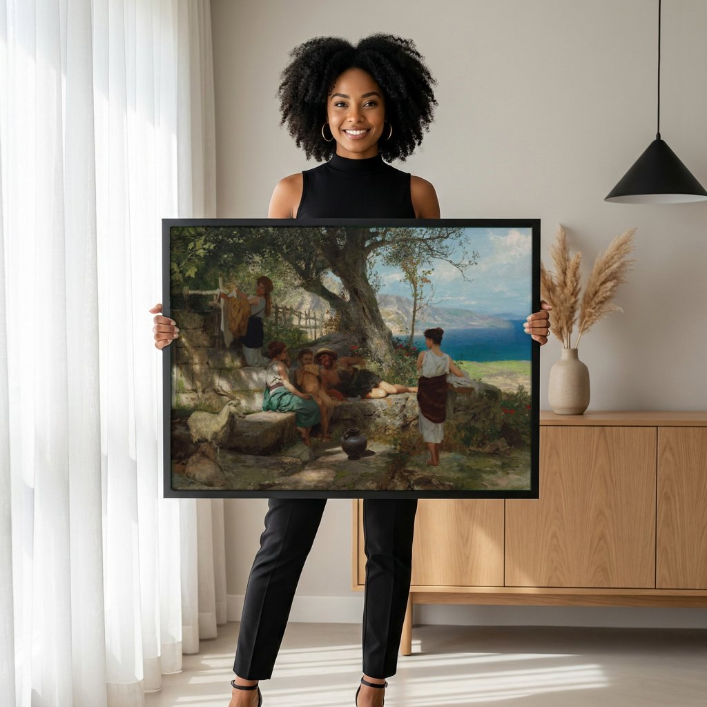 Quadro Decorativo Cena Pastoral com Mar - Siemiradzki com modelo em ambiente