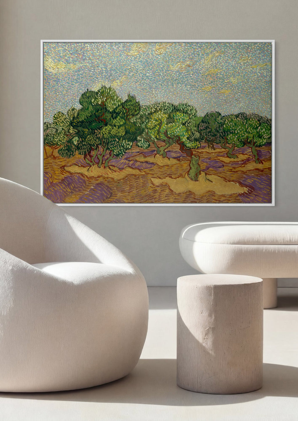 Quadro Decorativo Oliveiras com Céu Amarelo e Sol - Van Gogh em ambiente decorado