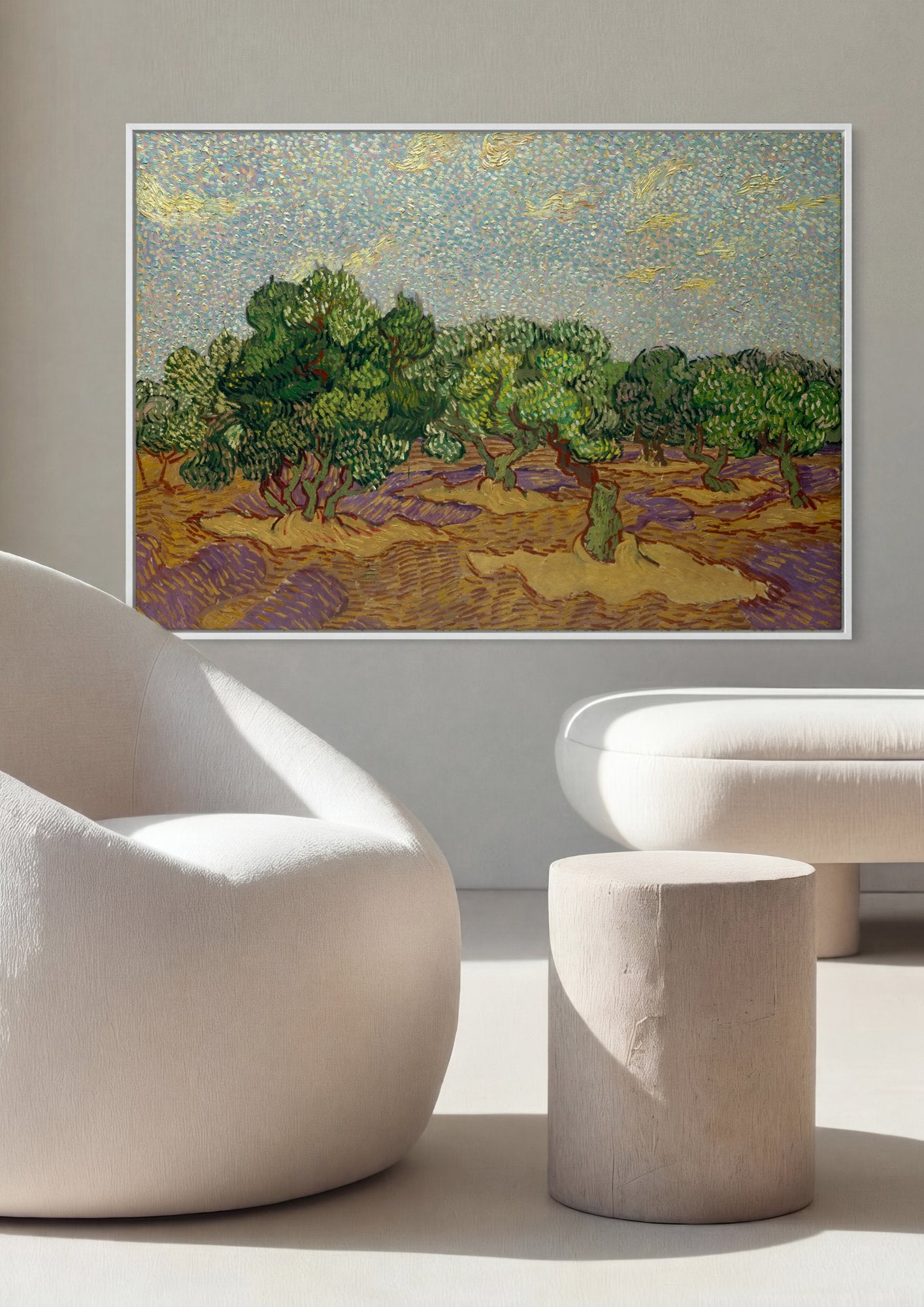 Quadro Decorativo Oliveiras com Céu Amarelo e Sol - Van Gogh em ambiente decorado
