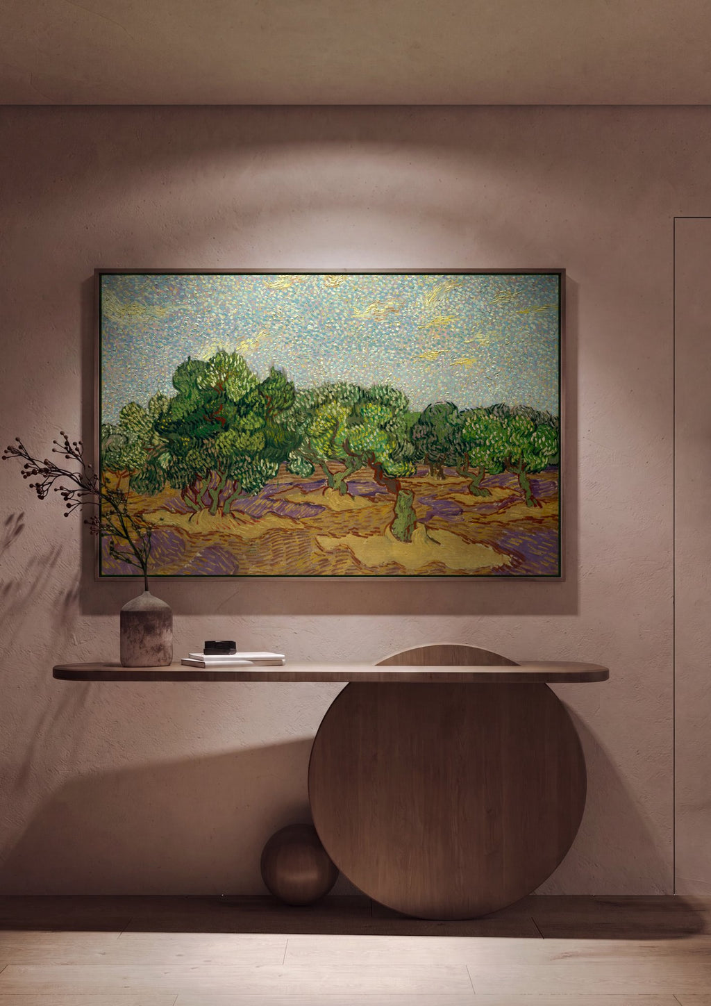 Quadro Decorativo Oliveiras com Céu Amarelo e Sol - Van Gogh em ambiente decorado