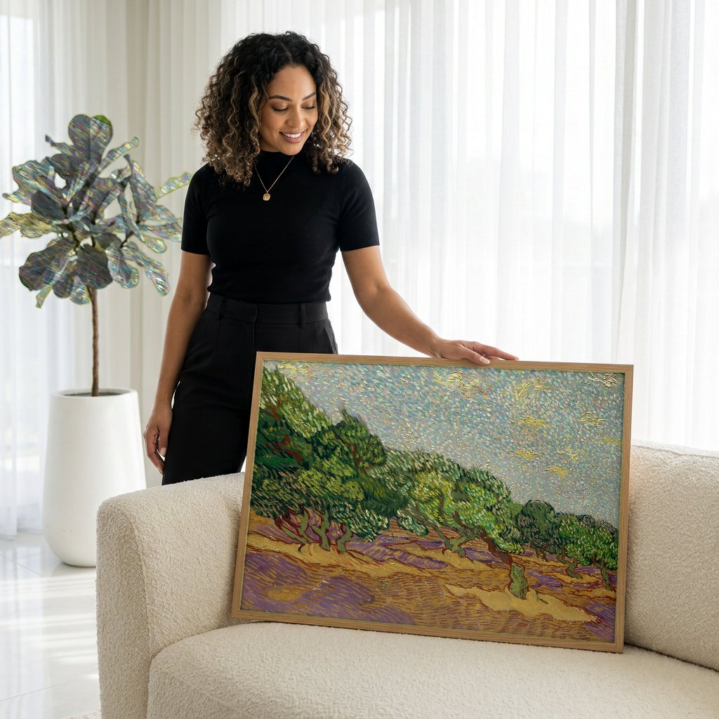 Quadro Decorativo Oliveiras com Céu Amarelo e Sol - Van Gogh com modelo em ambiente