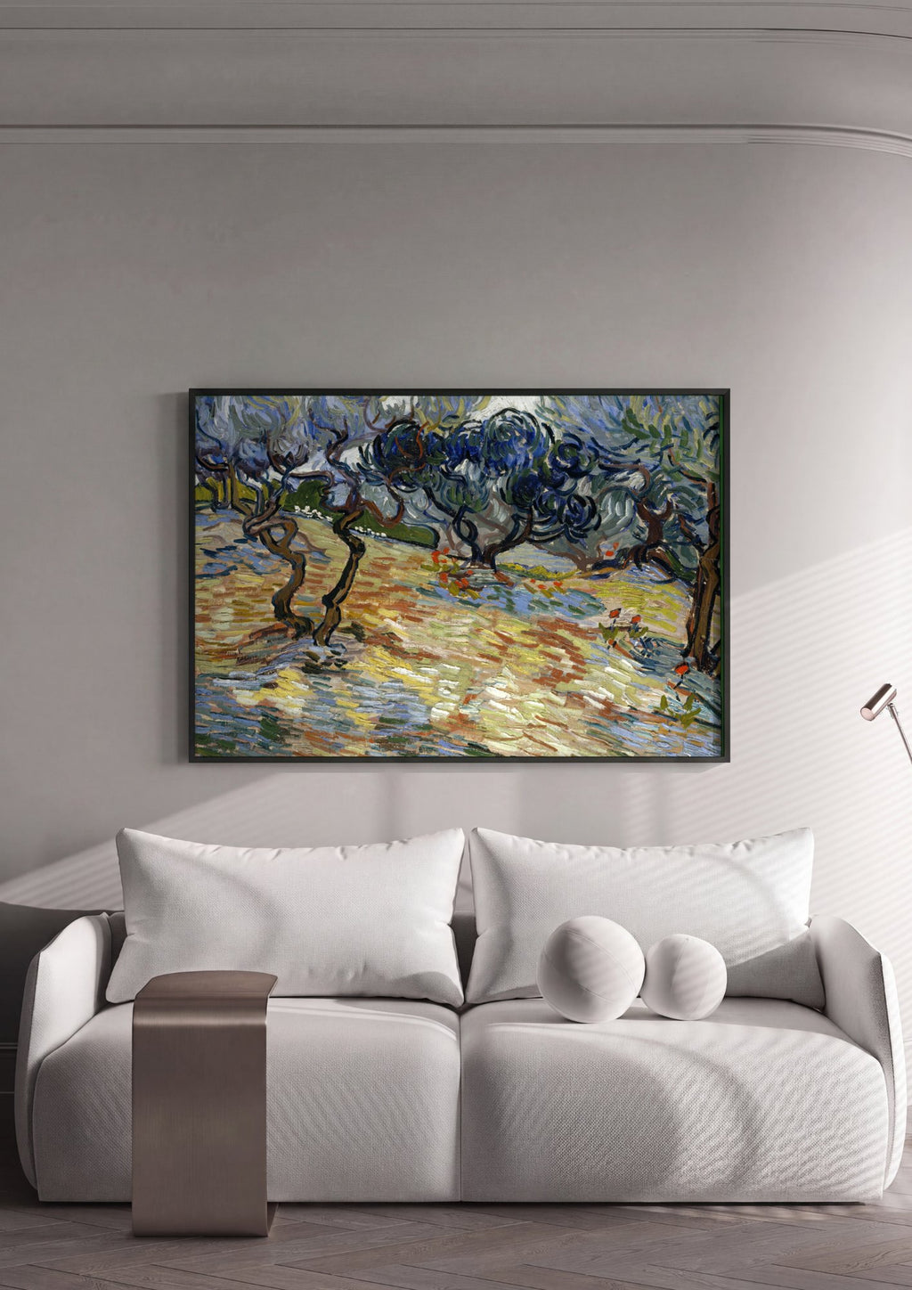 Quadro Decorativo Oliveiras com Céu Amarelo e Sol - Van Gogh em ambiente decorado