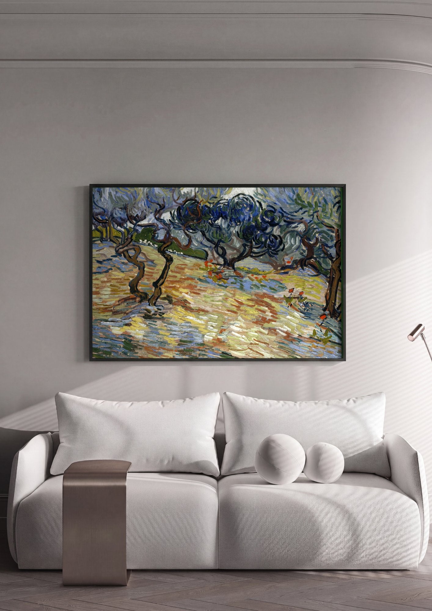 Quadro Decorativo Oliveiras com Céu Amarelo e Sol - Van Gogh em ambiente decorado