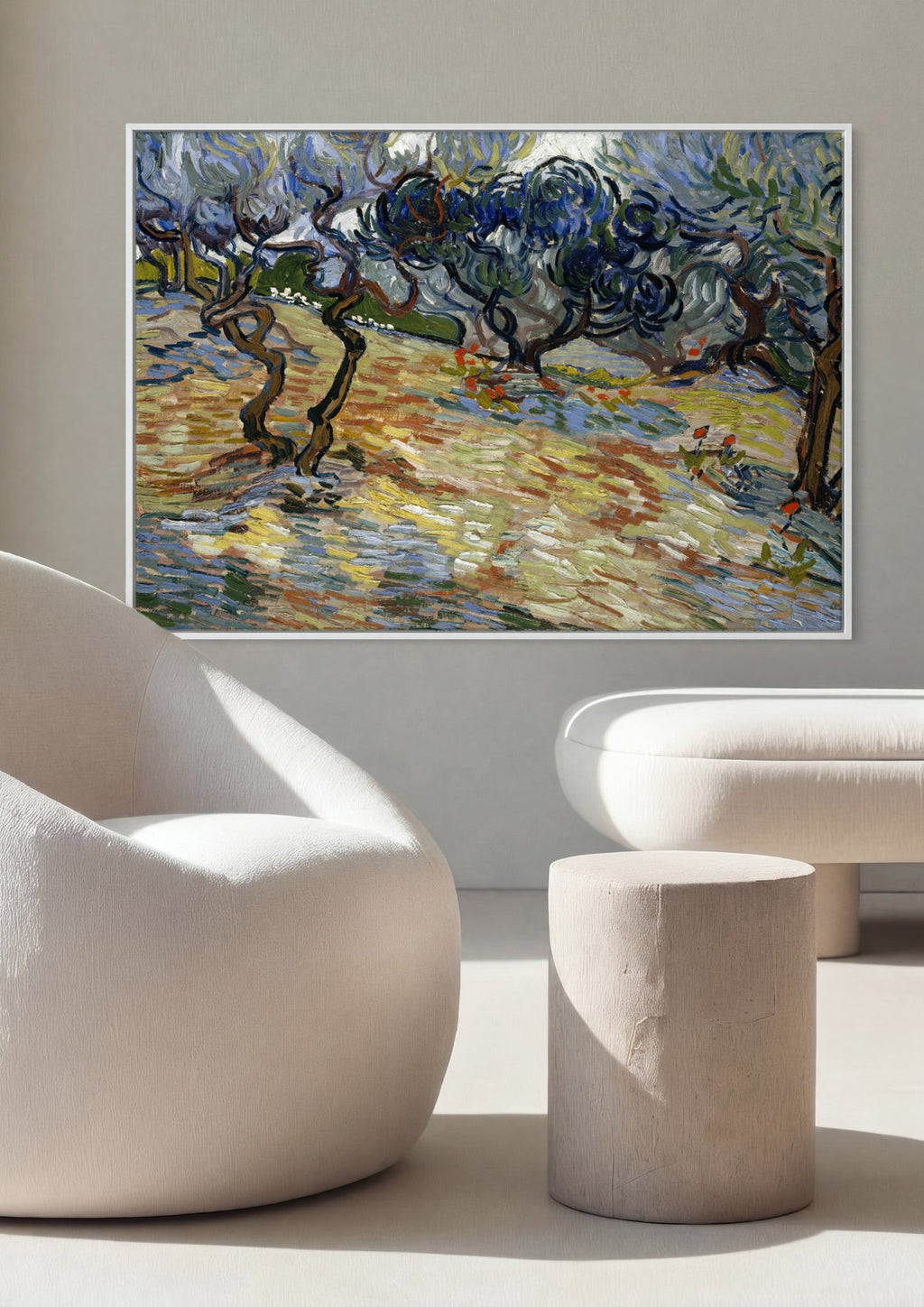 Quadro Decorativo Oliveiras com Céu Amarelo e Sol - Van Gogh em ambiente decorado
