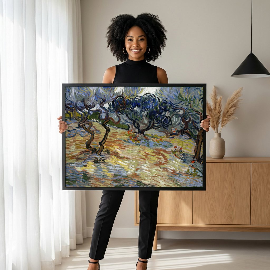 Quadro Decorativo Oliveiras com Céu Amarelo e Sol - Van Gogh com modelo em ambiente