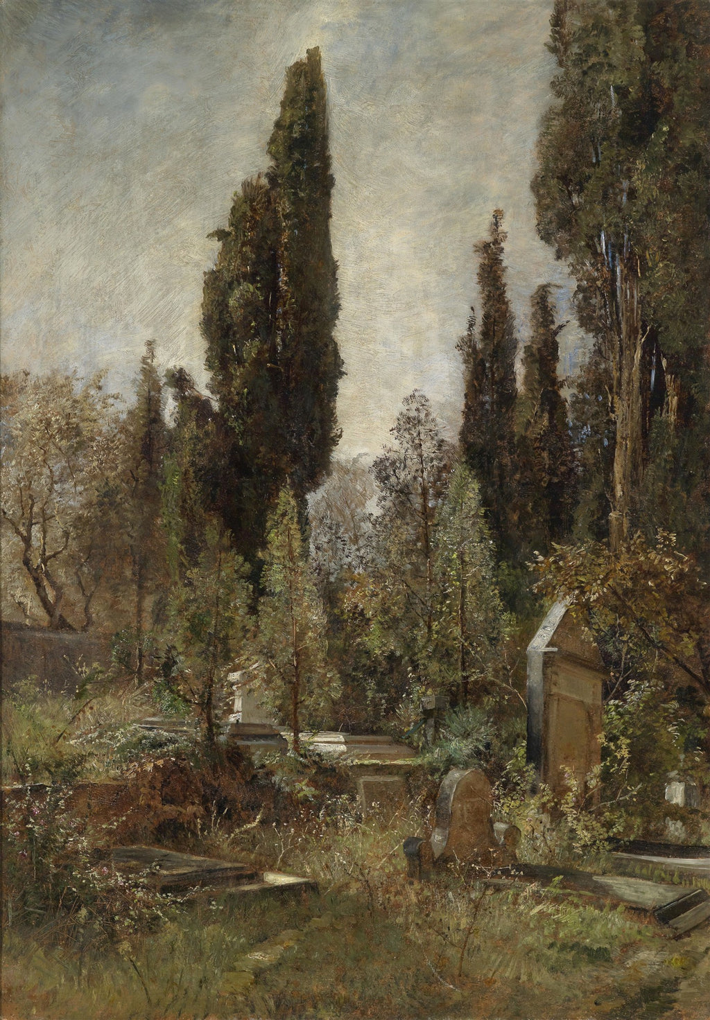 Pintura a óleo de um cemitério antigo e arborizado, com ciprestes altos e túmulos de pedra semi-ocultos pela vegetação exuberante sob um céu nublado. A luz é suave e difusa, criando uma atmosfera contemplativa.