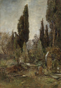 Pintura a óleo de um cemitério antigo e arborizado, com ciprestes altos e túmulos de pedra semi-ocultos pela vegetação exuberante sob um céu nublado. A luz é suave e difusa, criando uma atmosfera contemplativa.
